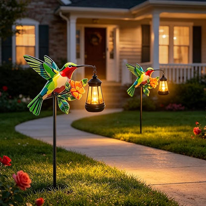 Solar Garden Statue Figurine with Solar Lanterns Outdoor Waterproof, Green Hummingbird Hanging Solar Light, Solar Path Lights Yard Art, Outside Patio Garden Decor Gardening Gift for Mom Grandma Women