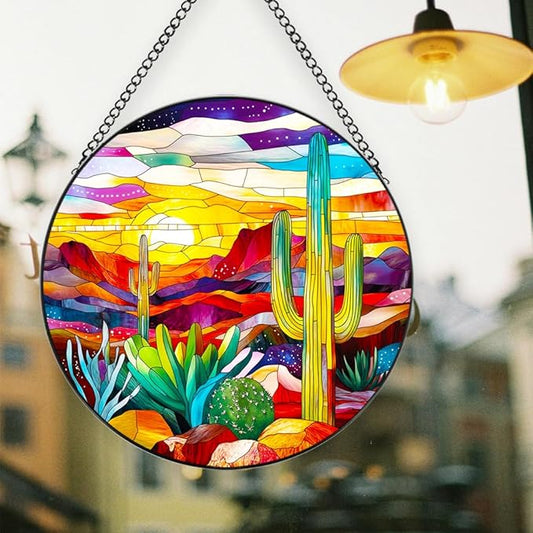 Handmade Stained Glass Sun Catcher Stained Glass Desert Scene Saguaro Fiery Hues, 6.3IN Window Hanging Ornament Cactus Art Decoration Window Decor Outdoor Garden Decor