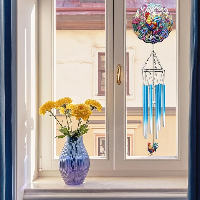 Rooster Hanging Wind Chime for Outside - Stainless Steel Wind Sculpture Chicken Wind Spinners Outdoor Farmhouse Art Ornaments with Card for Garden Yard Balcony Patio Lawn Decorations