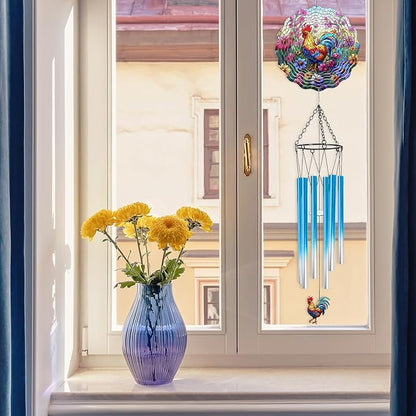 Rooster Hanging Wind Chime for Outside - Stainless Steel Wind Sculpture Chicken Wind Spinners Outdoor Farmhouse Art Ornaments with Card for Garden Yard Balcony Patio Lawn Decorations