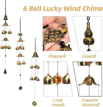 Eorbow 3 Packs Lucky Wind Chimes, Chinese Wind Bell, 6-Bell Vintage Hanging Bell Chimes with Gourd Dragon Peacock Coin for Good Luck Wealth Blessing, Home Garden Patio Decoration
