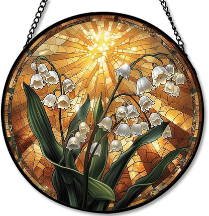 Stained Glass Window Hanging Lily of The Valley with Sunburst 6.3in Floral Sun Catcher, Vintage Rustic Home Decor