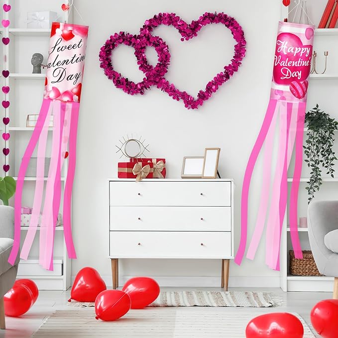 NOVWANG 2 Pieces 40 Inches Valentine's Day Windsock, Valentine Hearts Windsocks Outdoor Hanging Wind Sock for Wedding Anniversary Home Party Yard Garden Patio Decoration