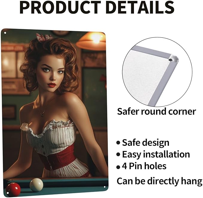 Cafemira Vintage tin sign,sexy woman &pool table,Metal sign,Home Art wall decor plaque,for living room,club,man cave,Yard,Garden,Patio,indoor outdoor decorative poster,easy to hang.8x12inch