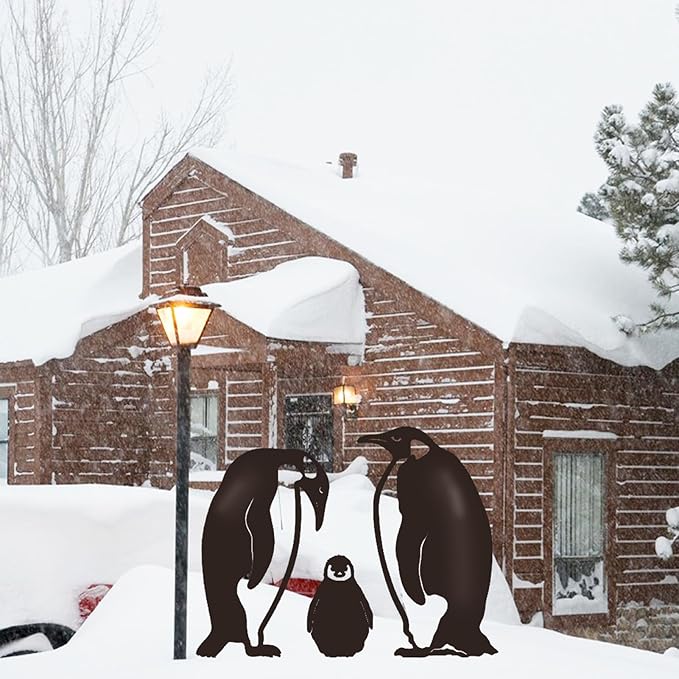 Hollow Iron Penguin Family Statue for Garden Lawn Patio