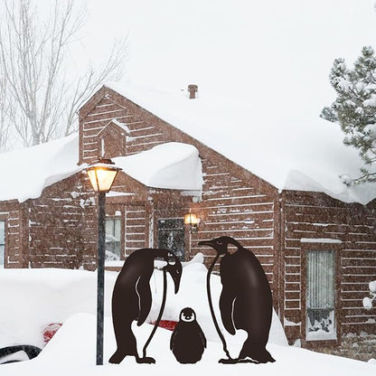 Hollow Iron Penguin Family Statue for Garden Lawn Patio