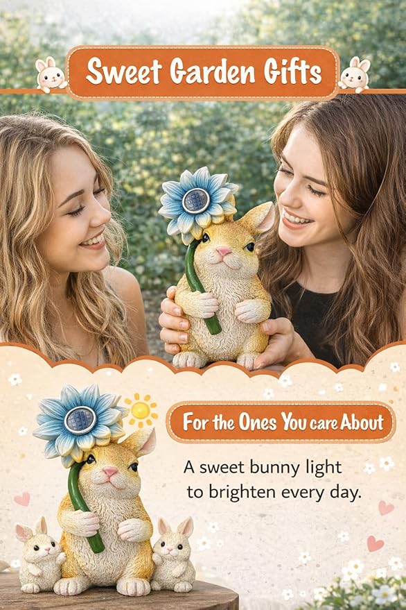 GoGnome Set of 3 Solar Animal Garden Lights – Resin Bunny, Cat & Dog Figurines with Warm LED Flower, Solar Powered Outdoor Décor for Garden, Patio, Yard, Balcony (Puppy/Kitten/Rabbit)