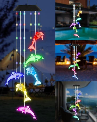 DOUBLEZHE Solar Wind Chime for Outside, Color Changing Dolphin Wind Chime Outdoor, Mom Gifts for Mothers Day Grandma Gift, Unique Garden Decor Colorful Patio Yard Party Decoration