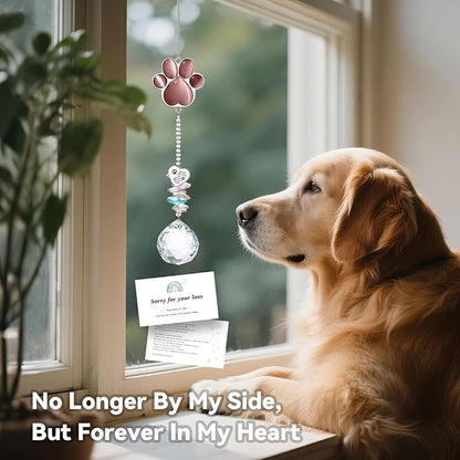 Dog Memorial Gifts for Loss of Dog, Pet Memorial Gifts for Dogs, Thoughtful Bereavement Remembrance Crystal Suncatcher with Sympathy Card (Purple Red)