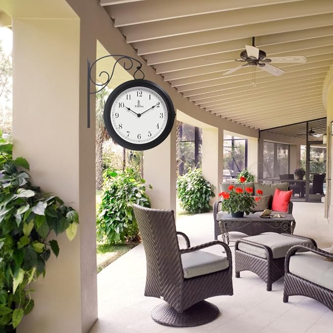 Metal Double Sided Wall Clock 10" - Decorative Indoor Outdoor Double Sided Clock - Easy to Read, Hanging Train Station Style for Patio, Garden, Office & More - Antique Style Outside Corner Wall Decor