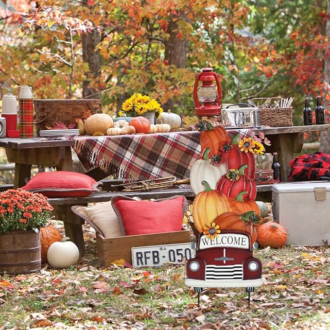 YEAHOME Fall Decorations Outdoor,Multiple Stacked Pumpkin Truck Decorative Garden Stakes for Fall Decor, Autumn Metal Yard Signs for Home Outside Garden Lawn Porch, Thanksgiving Decorations Outdoor
