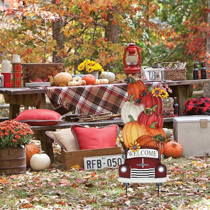YEAHOME Fall Decorations Outdoor,Multiple Stacked Pumpkin Truck Decorative Garden Stakes for Fall Decor, Autumn Metal Yard Signs for Home Outside Garden Lawn Porch, Thanksgiving Decorations Outdoor