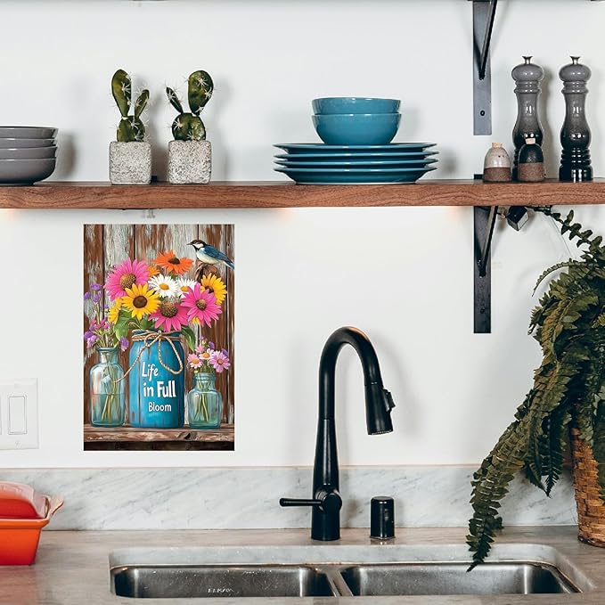 Flowers-Sign Metal-Poster Wall-Art Bird-Décor, Life in Full Bloom, Yard Garage Farm Outside Garden Plaque Outdoor for Home Fence 8 X 12 Inch