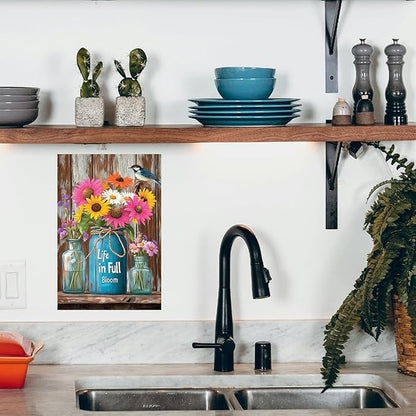 Flowers-Sign Metal-Poster Wall-Art Bird-Décor, Life in Full Bloom, Yard Garage Farm Outside Garden Plaque Outdoor for Home Fence 8 X 12 Inch