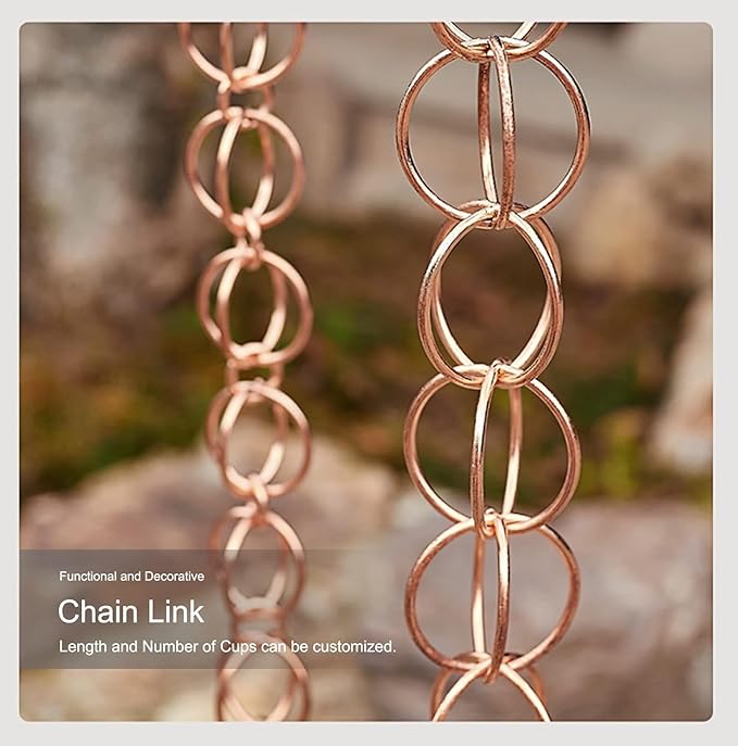 Rain Chain Replacement Gutter Downpipe, Copper Rain Chain/Splitter/Chain Ring, Outdoor Hanging Rain Bell(Style1,240cm (8ft))