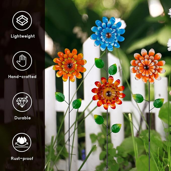 4 Pcs Wind Spinners Outdoor, Small Metal Flower Windmill, Colorful Pinwheels Decorative Garden Stakes for Yard Patio Lawn Garden Decor, 26 x 5 Inches