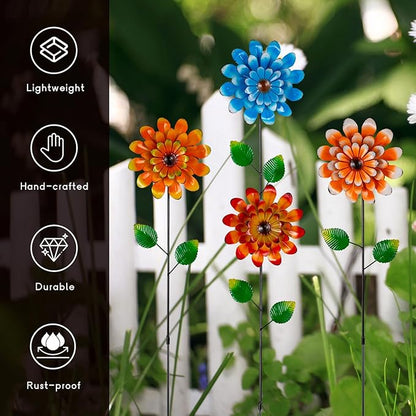 4 Pcs Wind Spinners Outdoor, Small Metal Flower Windmill, Colorful Pinwheels Decorative Garden Stakes for Yard Patio Lawn Garden Decor, 26 x 5 Inches