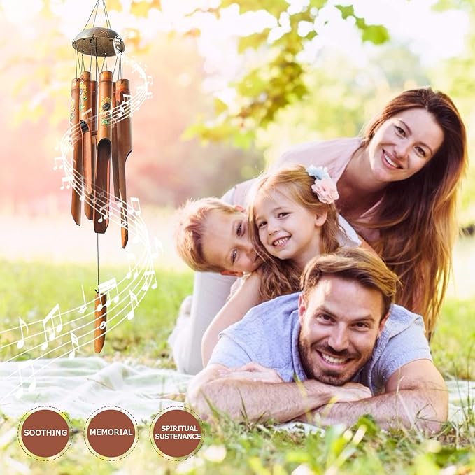 Afirst Bamboo Wind Chimes, 38" Sunflower Wooden Windchimes with Coconut Crown Valentine's Day Gift Handcrafted Memorial Sympathy Gift for Garden, Patio, Home or Outdoor Decor