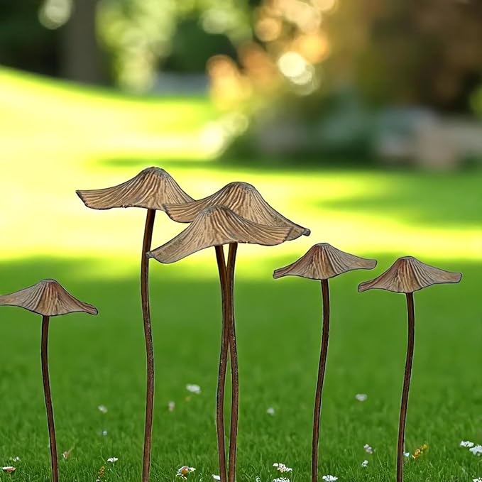 6 Pack Garden Mushroom Outdoor Decoration, Mushroom Statue Yard, Decorative Garden Stakes,Decor Plant Stakes, Metal Yard Art Outdoor, Plant Decorations for Pots-Spring-Action - Rust Finish