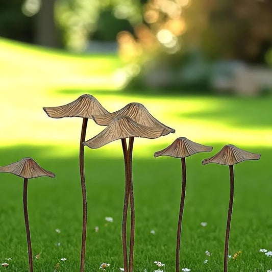 6 Pack Garden Mushroom Outdoor Decoration, Mushroom Statue Yard, Decorative Garden Stakes,Decor Plant Stakes, Metal Yard Art Outdoor, Plant Decorations for Pots-Spring-Action - Rust Finish