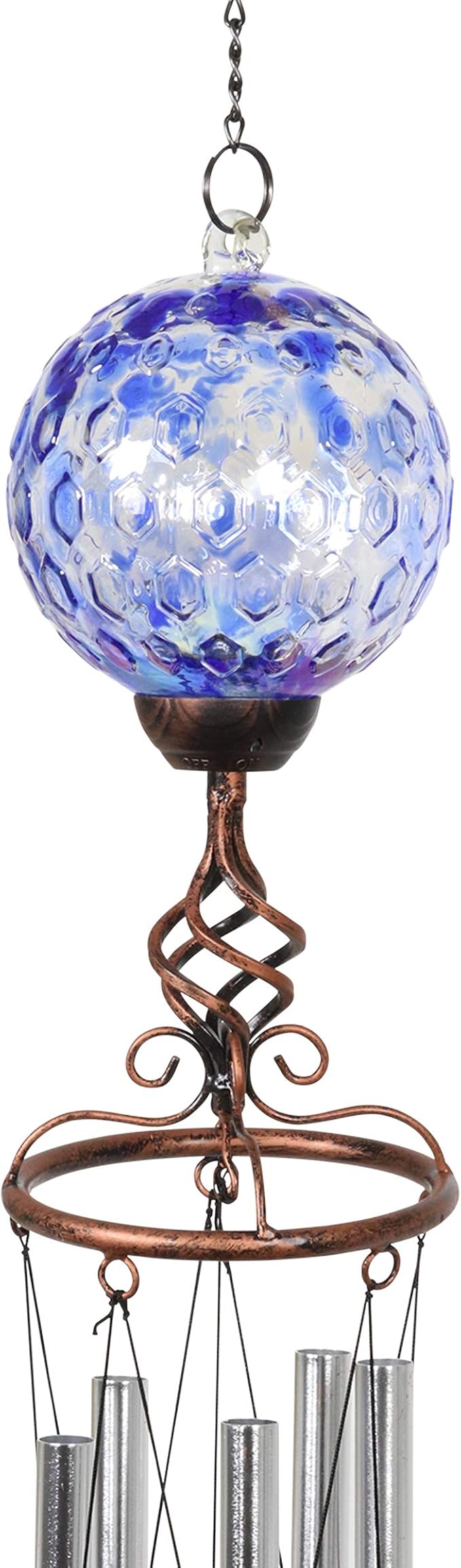 Exhart Wind Chimes, Solar LED Outdoor Garden Lighting, Blue Glass and Metal Wind Chime Lawn and Yard Decoration with Bronze Metal Finial, 5 x 46.5 Inch