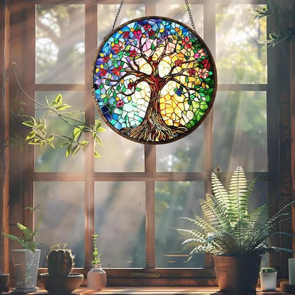 Tree of Life Suncatcher Stained Glass Suncatchers Stained Glass Ornament for Home Decor Indoor Wall Art Gift for Mother Women Friends (Tree of Life-F, M)