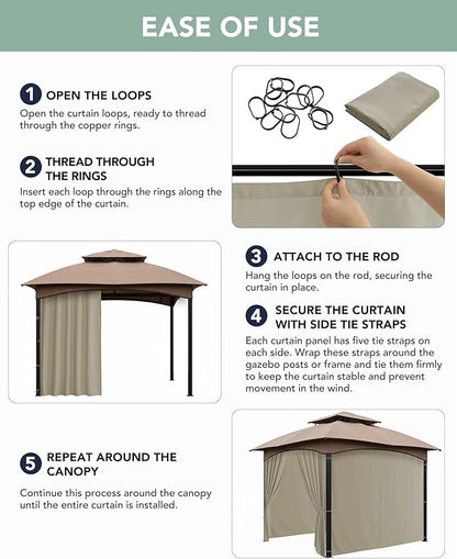 Patio Curtains Outdoor Waterproof - 10'Wx12'Lx7'H Weatherproof Pergola Outside Curtains, Gazebo Universal Replacement Privacy Curtains, 4 Panels Sidewall Drapes with Zipper, Taupe