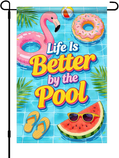 BlissYard Life Is Better By The Pool Garden Flag 12x18 Double Sided Vertical Outdoor Summer Poolside Decor Flamingo Donut Float Tropical Yard Lawn Patio Banner