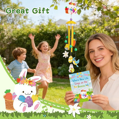 Spring Summer Wind Chimes for Outside, Bunny Floral Pattern Metal Wind Chime with Gift Box, Ideal for Porch Garden Patio Decor