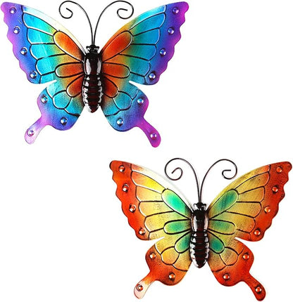 Miyolo 2 Pcs Metal Butterflies Fence Yard Art Garden Decor, 11" Large Butterfly for Outdoor Patio Backyard Balcony Sculpture, Colorful