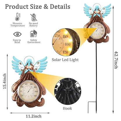 MUMTOP Indoor Outdoor Thermometer - Angel Wall Thermometer, Solar Lights Decorative Temperature Thermometer with Garden Stake for Patio, Room, Greenhouse, Outside Decor