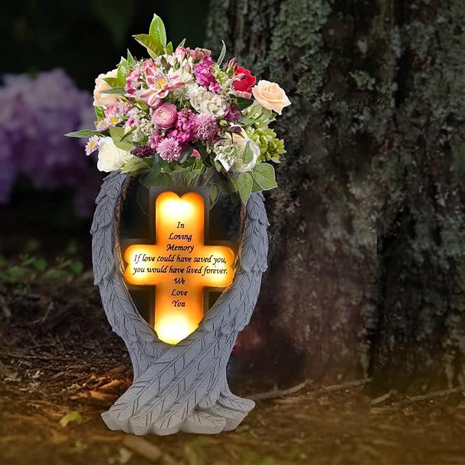 Grave Decorations for Cemetery， Heaven Angel Wing Cross, Graveyard Decorations, Vase with Solar LED Lamp, Resin Decorated Bereavement Statue, Gift in Memory of Relatives (White)