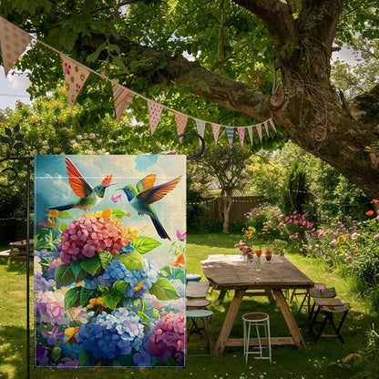 Hummingbirds Hydrangeas Garden Flag 12x18 Inch Double Sided Burlap, Spring Summer Welcome Colorful Floral Yard Decor, Farmhouse Outdoor Flag