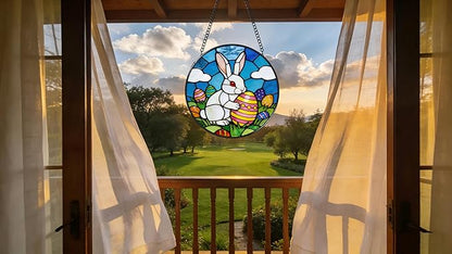 Funoasis Bunny Stained Glass Suncatcher - 6.3 Inches Easter Egg Hanging Window Ornaments for Home and Garden Holidy Gift