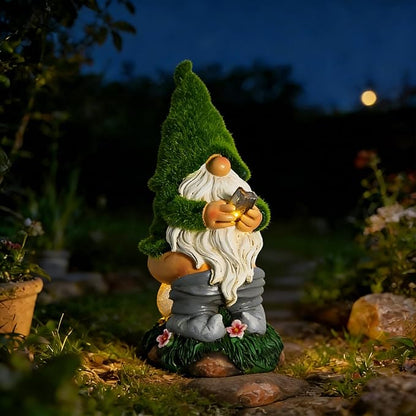 Mischeievous Garden Gnome Statues Solar Lighting - Resin Forest Guardian with Moss Hat&Warm Light Solar Lantern，Funny Outdoor Yard Statue Decor for Patio, Lawn, Fairy Garden Gift