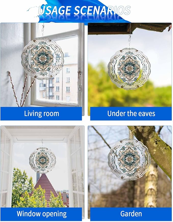 Boho Wind Spinner 10 Inch Retro Blue Floral Vintage Flower Wind Spinners Outdoor 3D Stainless Steel Hanging Sculpture Decorations Gift for Garden Yard Porch Balcony
