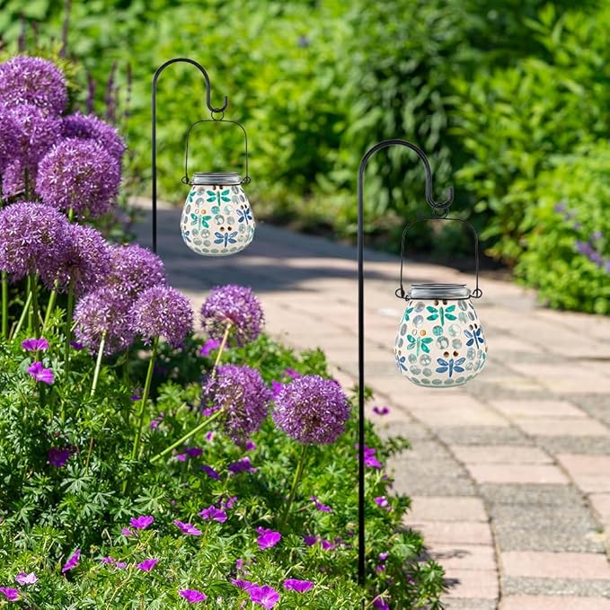Stargarden 2 Pack Mosaic Solar Lanterns Outdoor Waterproof, Dragonfly Hanging Lantern Decorative Glass Solar Lights for Yard, Patio, Lawn, Gaden Decor