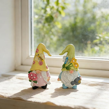 Spring Gnome Figurines Set of 2, Floral Garden Decor with Bee and Butterfly, Yellow and Green Hats, Resin, 4.53 inches Height (Yellow and Green)