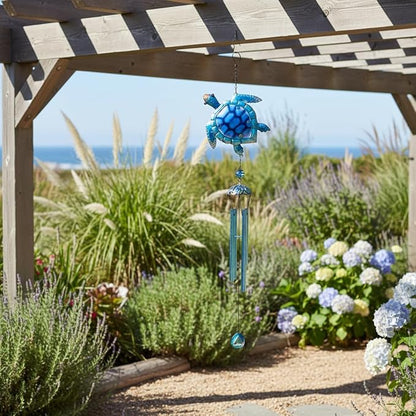Comfy Hour 35" x 5" Sea Turtle Metal Art Wind Chime, Decorative Glass and Metal Hanging Windbell for Coastal Garden, Artisan Crafted Ocean Theme Decor for Beach House & Patio, Blue, 1 Piece