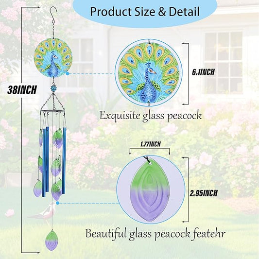 MUMTOP Wind Chimes for Outside-Glass Peacock Wind Chime - Deep Tone Windchimes Outdoors Unique for Patio,Garden,Yard,Home,Tree Decor
