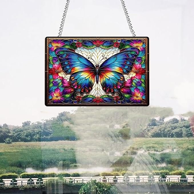 Stained Glass Style Rectangular Window Hanging Decor - Acrylic Colorful Butterfly & Flower - Suncatchers for Bedroom, Garden, Ideal for Home Decoration for Butterfly Lovers