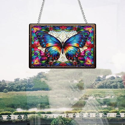 Stained Glass Style Rectangular Window Hanging Decor - Acrylic Colorful Butterfly & Flower - Suncatchers for Bedroom, Garden, Ideal for Home Decoration for Butterfly Lovers