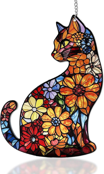 Cat Stained Glass Suncatcher Window, Hanging Sun Catchers Indoor Window, Suncatcher for Mom/Women (Black Cat)