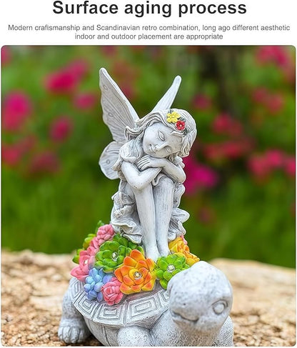 Solar Angel Garden Statue，Solar Garden Statue Angel and Turtle,Figurines Outdoor Decor,Outdoor Solar Statue with LED Lights for Yard,Patio,Lawn Art Decoration,Housewarming Gift