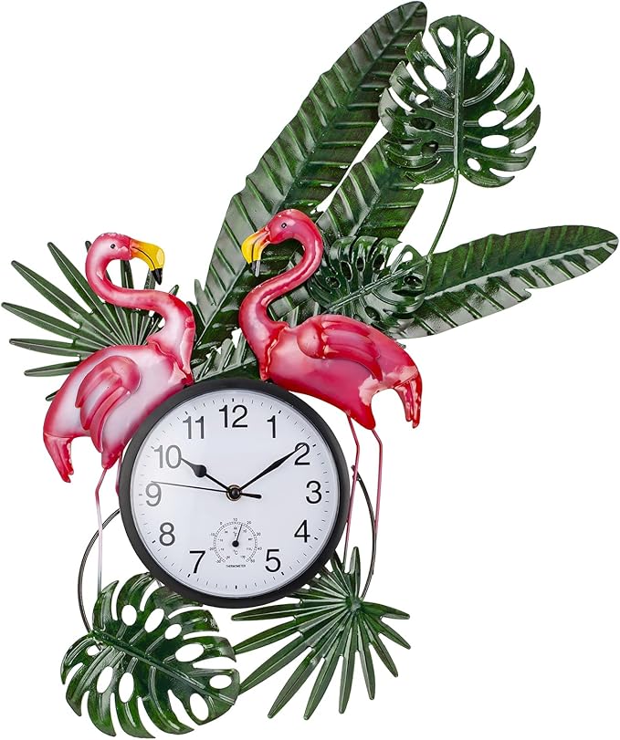Outdoor Clock Silent Non-Ticking, Flamingo Outdoor Wall Clock and Thermometer Combo, Outside Clock Metal Wall Art Decor for Patio, Garden, Home Decor