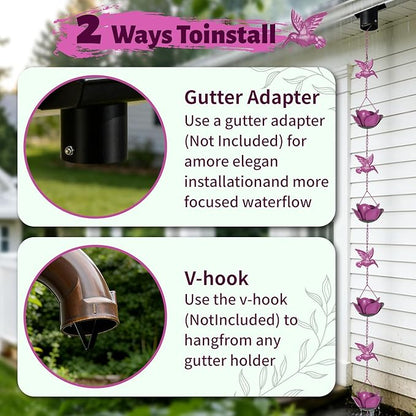 9.2ft Rain Chains for Gutters Outside,Rain Catcher Chain with 6 Lotus Rain Metal Cups & 7 Hummingbird Decor,Adjustable Rain Catcher Chain Replacement Downspout for Gutters,Drainage & Eaves