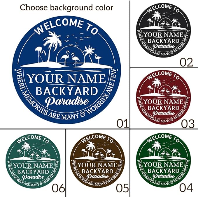 MeMate Personalized Backyard Signs, Patio Sign for Outdoor Decor, Customized Name Metal Sign, Flamingo Backyard Paradise Sign, Round Printed Metal Sign for Restaurants Farmhouse Porch Deck