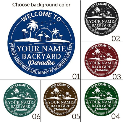 MeMate Personalized Backyard Signs, Patio Sign for Outdoor Decor, Customized Name Metal Sign, Flamingo Backyard Paradise Sign, Round Printed Metal Sign for Restaurants Farmhouse Porch Deck