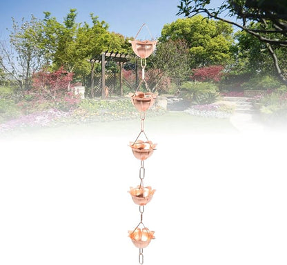 Buachois Hanging Rain Chain Copper, 1m Weatherproof Rain Catcher Chain with Elegant Flower Design for Yard Garden Temple (Petal Shaped)