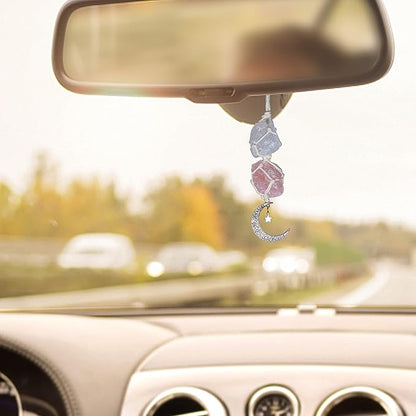 BOHO GARDEN Hanging Car Charm – Clear Quartz & Rose Quartz - Dangling Moon, Healing Crystal Accessories, Rearview Mirror Decorations –Healing, Clarity, Intuition, Love, Connection, Self-Worth, Energy